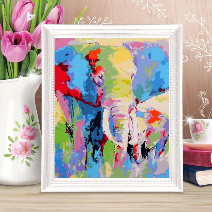 Роспись по холсту "Слоны разноцветные" по номерам с красками по 3 мл+ кисти+крепеж 30*40