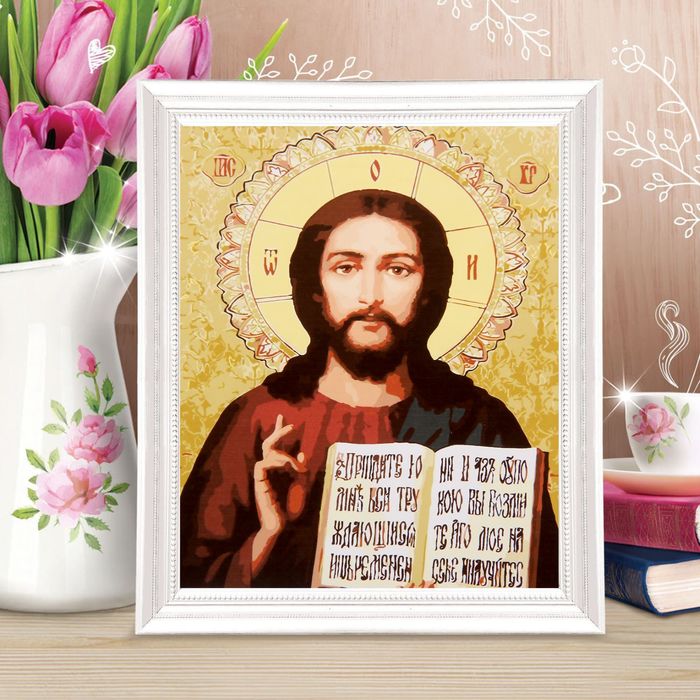 Роспись по холсту "Спас Вседержитель" по номерам с красками по 3 мл+ кисти+крепеж 30*40