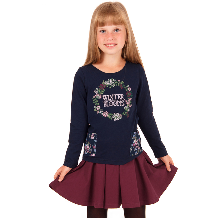 Джемпер для девочки " Баллада", рост 116 см,  цвет темно-синий, принт зима в цвету ДДД692804   27544