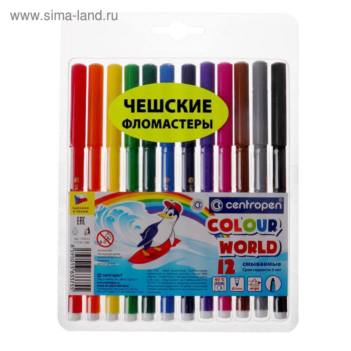 Фломастеры 12 цветов, Centropen Colour World 7550/12 ТП, в блистере, линия 2.0 мм фломастеры 6 цветов 2 0 мм centropen 7550 тп colour world блистер смываемые линия 1 0 мм