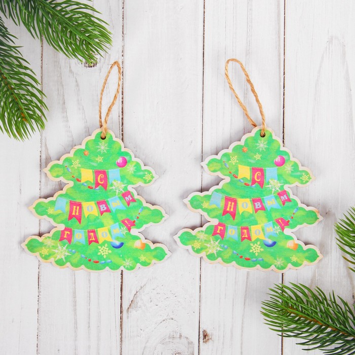 Подвеска новогодняя с цветным принтом "Ёлочки" набор 2 шт.
