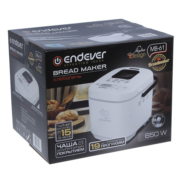 Хлебопечь Endever Skyline MB-61, 650 Вт, 500/750/1000 г, 19 программ, белый
