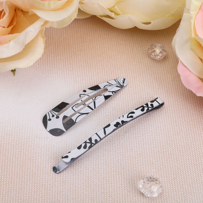 Невидимка для волос "Кари" (набор 8 шт) 5 см, 6 см, чёрно-белые цветы