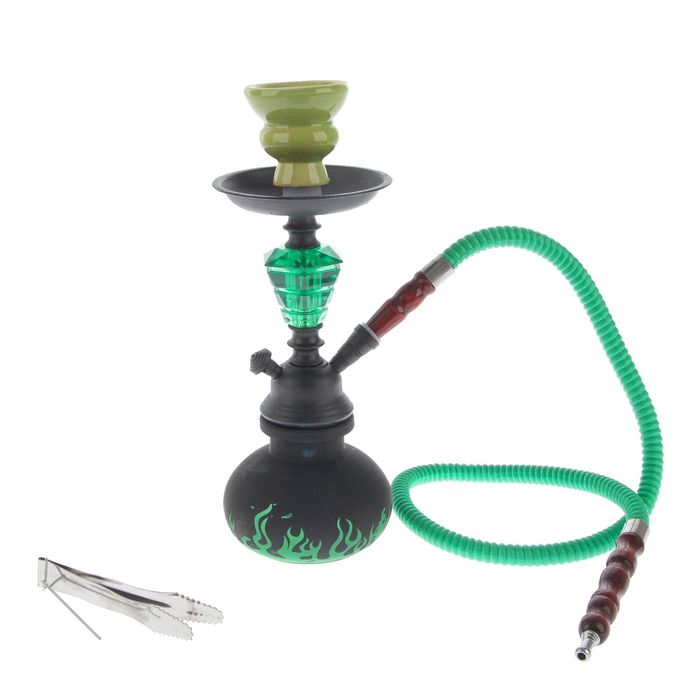 кальян 26см 1тр, колба шар матовый, черный, рисунок зелен. огонь, шахта черн. матовая,1кр