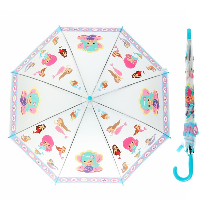 Зонт детский полуавтоматический "Русалочки", r=40см, со свистком, цвет голубой