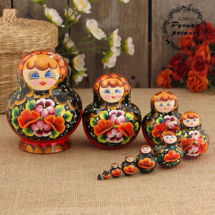 Матрёшка «Марфуша», чёрный платок, 10 кукольная, 14 см, люкс