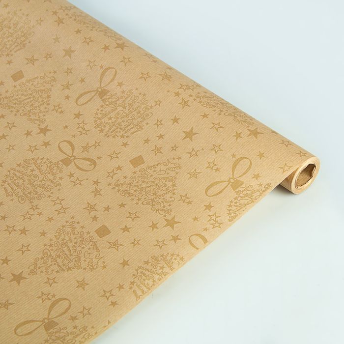 Бумага упаковочная крафт "Новый Год", золотой, 0.6 х 10 м