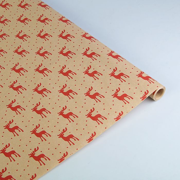 Бумага упаковочная крафт "Олени Санты", 0.6 х 10 м