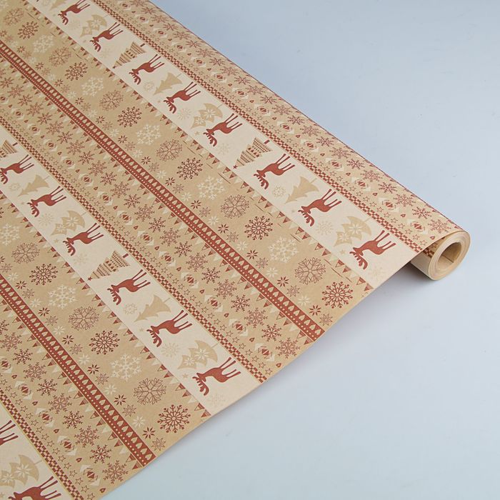 Бумага упаковочная крафт "Скандинавские олени", бело-коричневая, 0.6 х 10 м