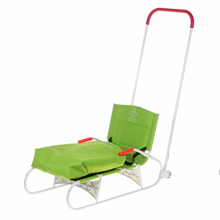 Санки складные с задним толкателем, колёсами и чехлом для ног, цвет зелёный
