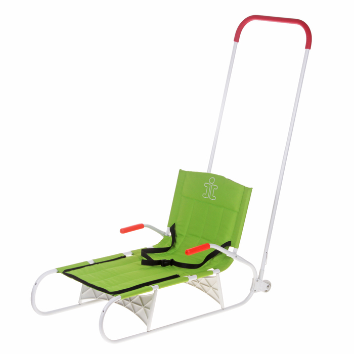 Санки складные с задним толкателем, колёсами и чехлом для ног, цвет зелёный