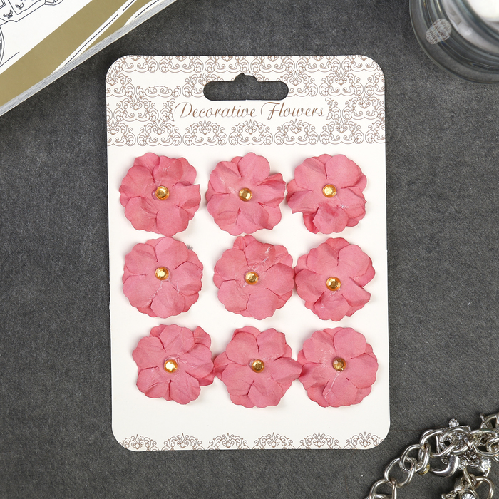 Декор для творчества "Розовые цветочки со стразами" (набор 9 шт) 3х3 см