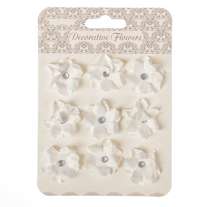 Декор для творчества "Белые цветочки со стразой" (набор 9 шт) 3х3 см