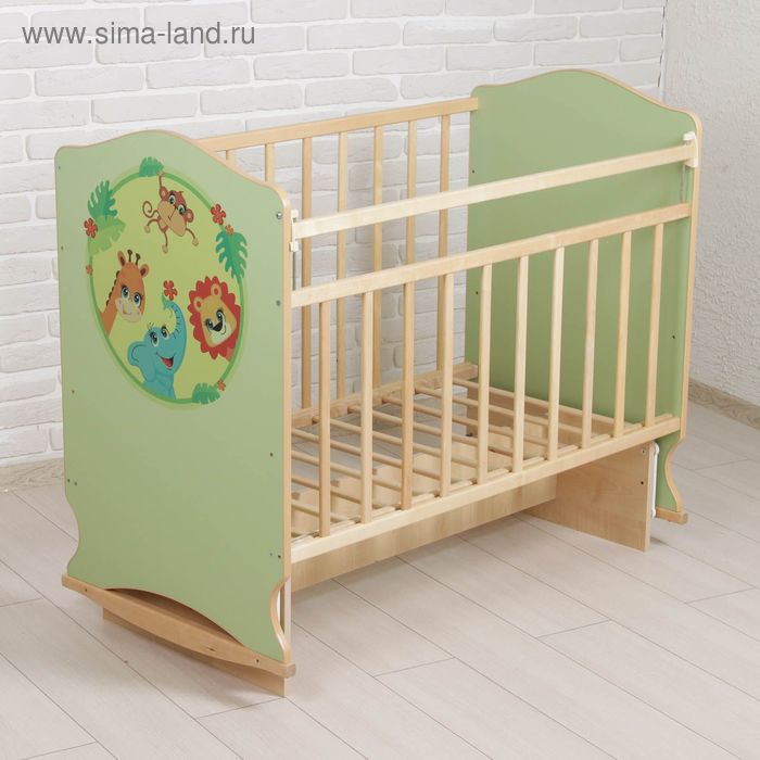 Детская кроватка «Зоопарк» на колёсах или качалке, с поперечным маятником, цвет фисташковый