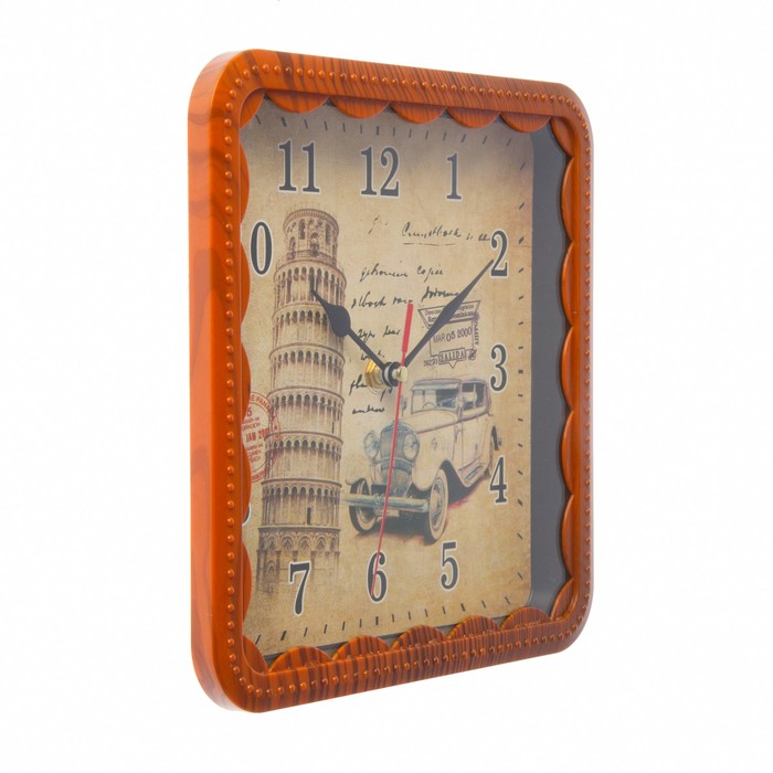 Часы настенные классика квадр пластик, края под дерево, циферблат Пизанская башня 21*21см