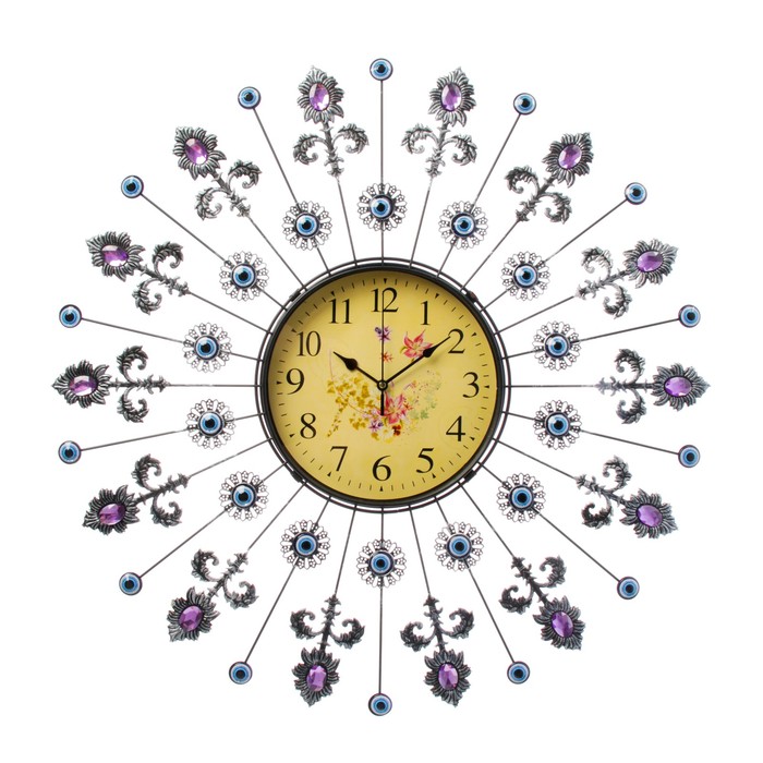 Часы настенные, серия Ажур «Цветы», стрелы с розовыми кристаллами, d=59 см