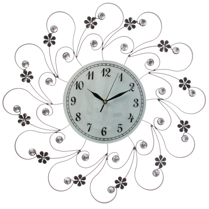 Часы настенные, серия Ажур «Завитки чёрные», цветы, кристаллы, d=59 см
