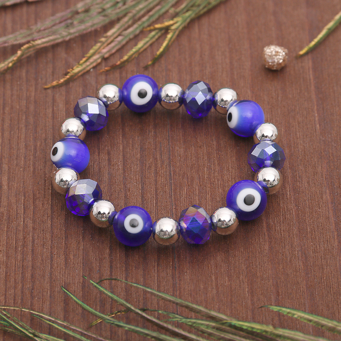 Браслет-оберег "Детский" глазки с бусинами, цвет синий в серебре