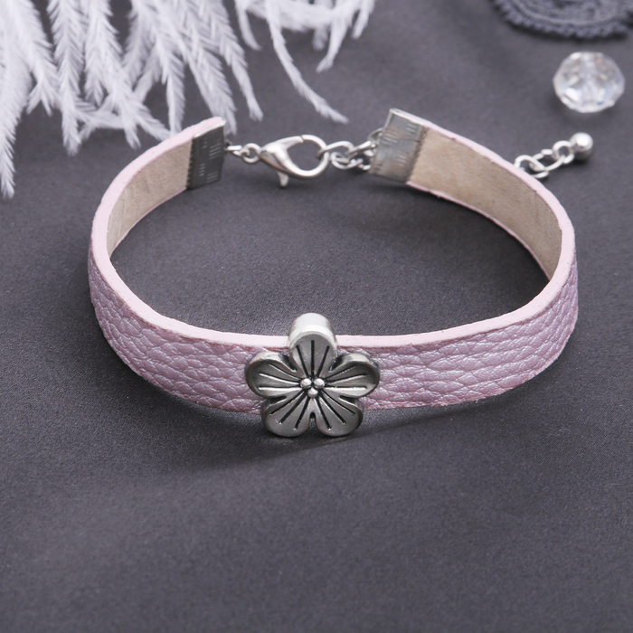 Браслет кожа "Настроение" цветок ромашка, цвет розовый в серебре