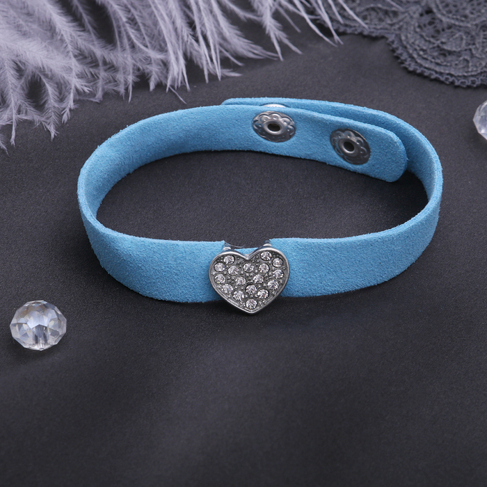 Браслет кожа "Замшевый стиль" сердце, цвет голубой в серебре
