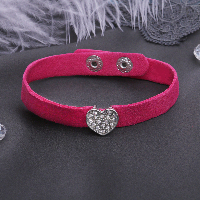 Браслет кожа "Замшевый стиль" сердце, цвет розовый в серебре