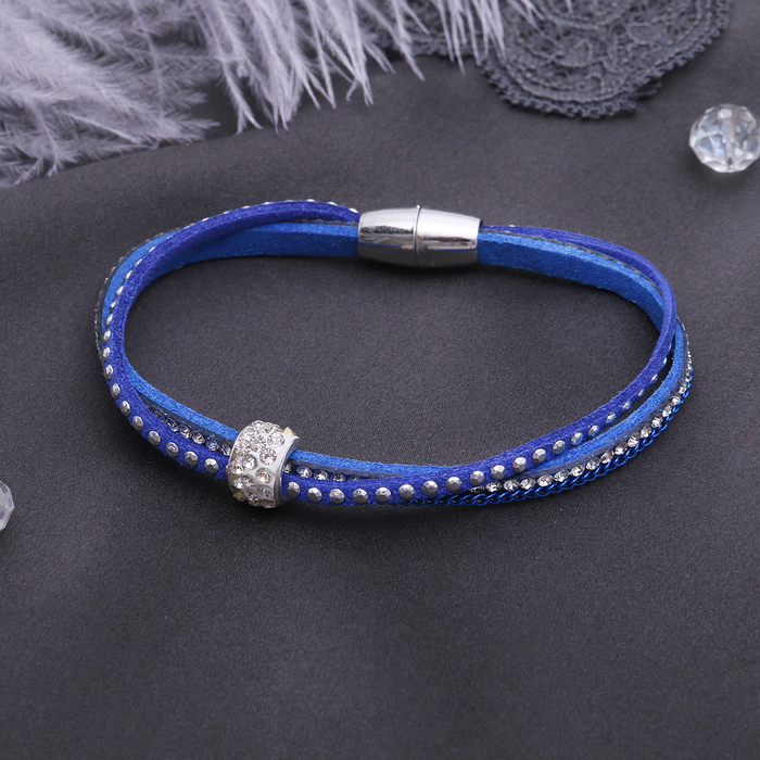 Браслет кожа "Шамбала", цвет синий в серебре