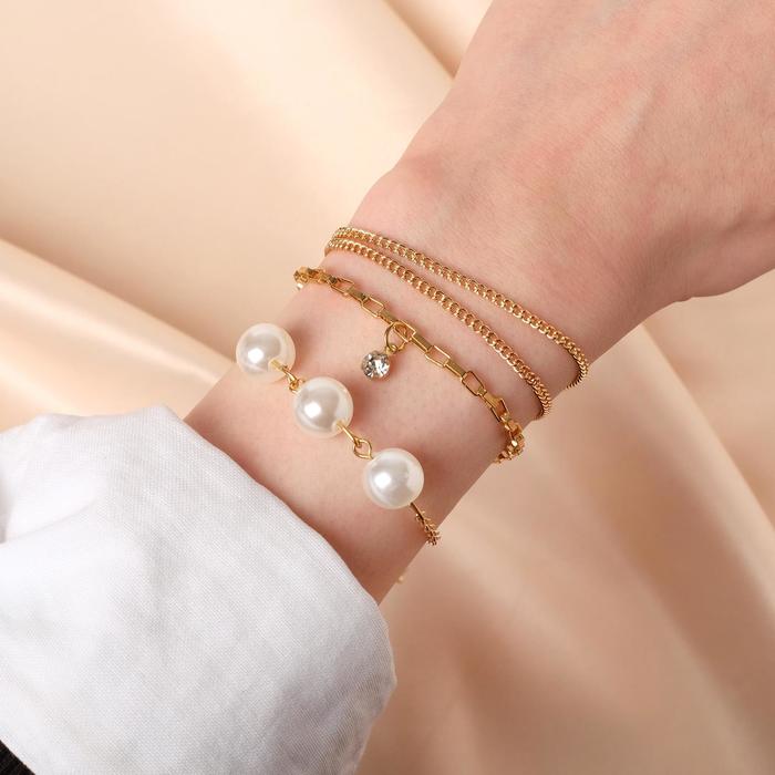 Браслет металл "Романтик" бусины и капля, набор 3 штуки, цвет золото