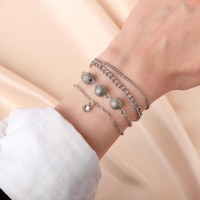 Браслет металл "Романтик" бусины и капля, набор 3 штуки, цвет серебро