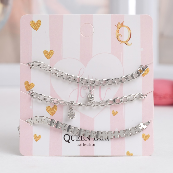 Браслет со стразами "Романтик" плоское плетение, набор 3 штуки, цвет белый в серебре