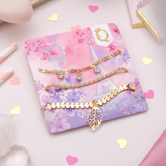 Браслет со стразами "Романтик" лист, набор 3 штуки, цвет белый в золоте