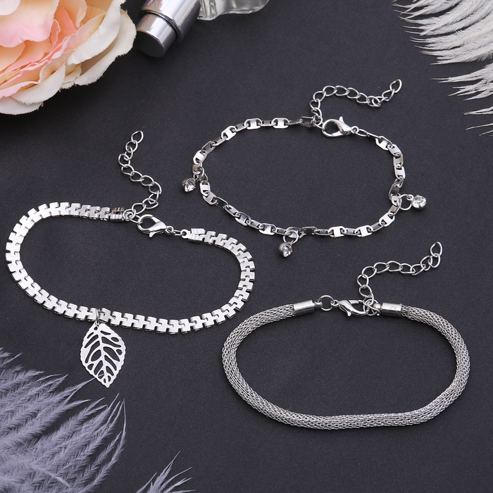 Браслет со стразами "Романтик" лист, набор 3 штуки, цвет белый в серебре