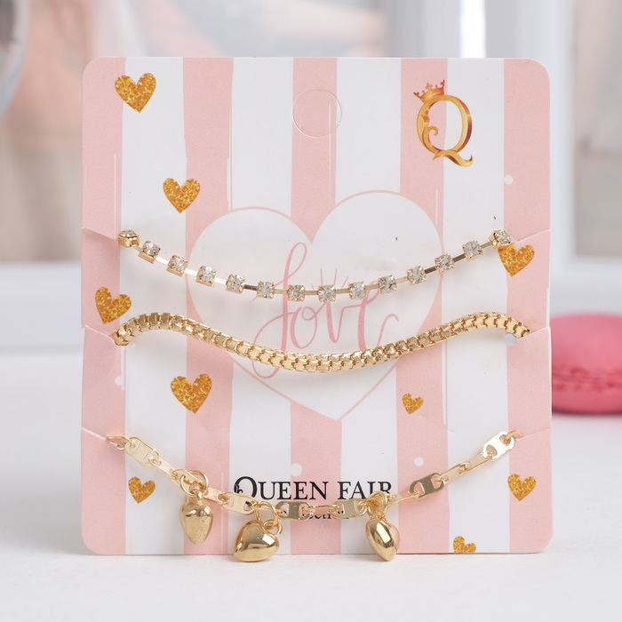 Браслет со стразами "Романтик" сердечки, набор 3 штуки, цвет белый в золоте