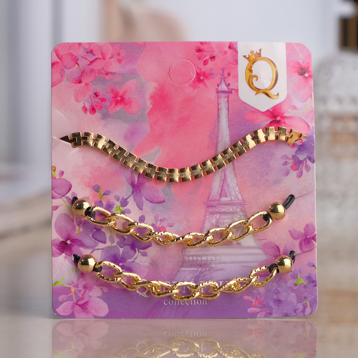 Браслет металл "Романтик" цепочки на текстиле, набор 3 штуки, цвет чёрно-золотой