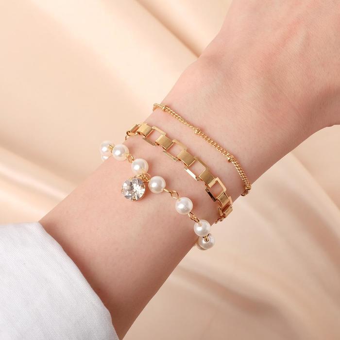 Браслет жемчуг "Романтик" капля, набор 3 штуки, цвет белый в золоте