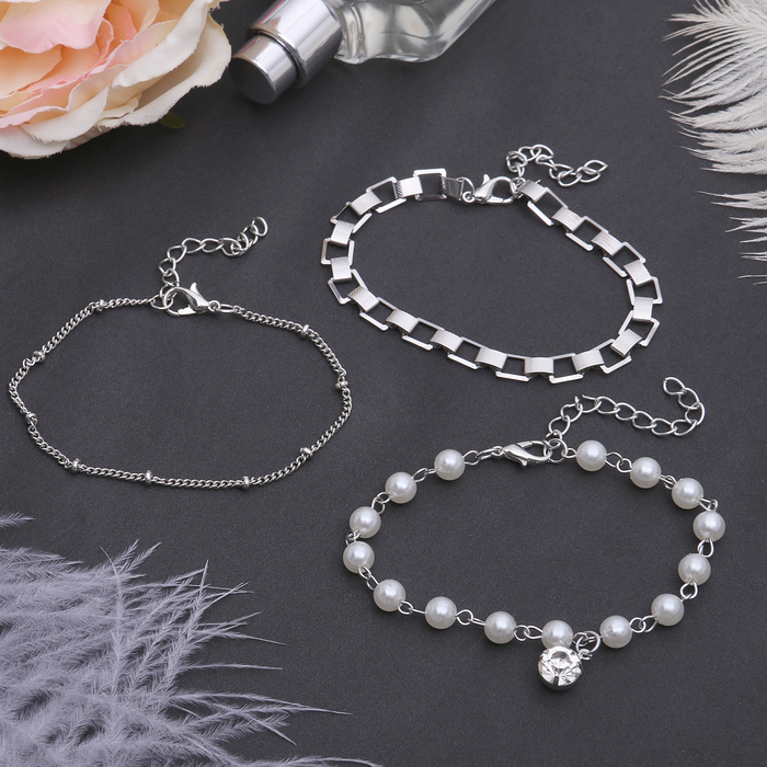 Браслет жемчуг "Романтик" капля, набор 3 штуки, цвет белый в серебре