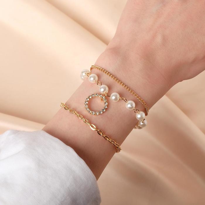 Браслет жемчуг "Романтик" круг, набор 3 штуки, цвет белый в золоте