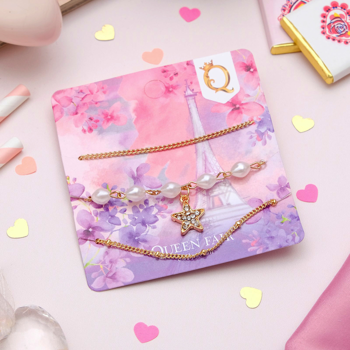 Браслет жемчуг "Романтик" звезда, набор 3 штуки, цвет белый в золоте