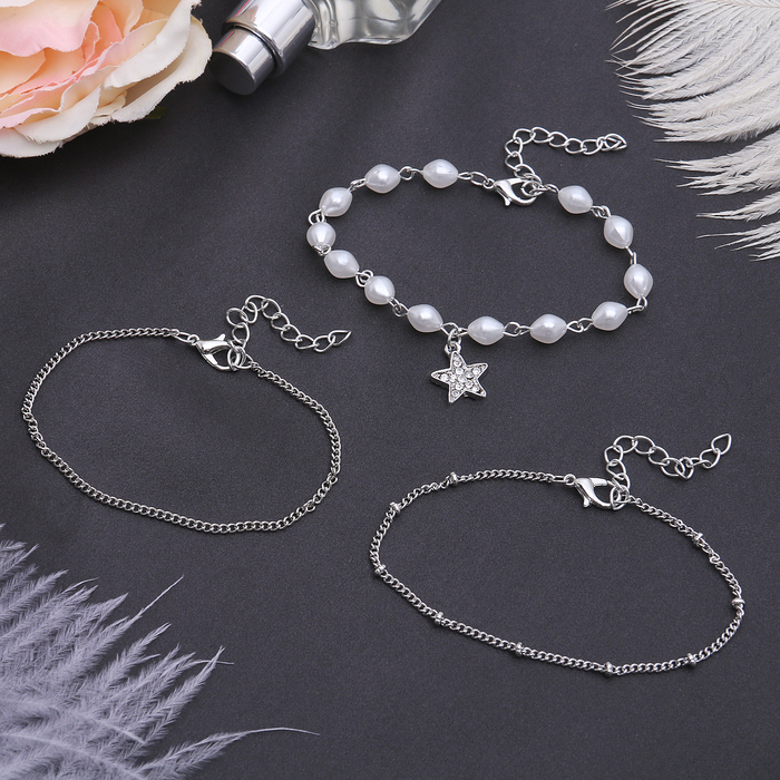 Браслет жемчуг "Романтик" звезда, набор 3 штуки, цвет белый в серебре