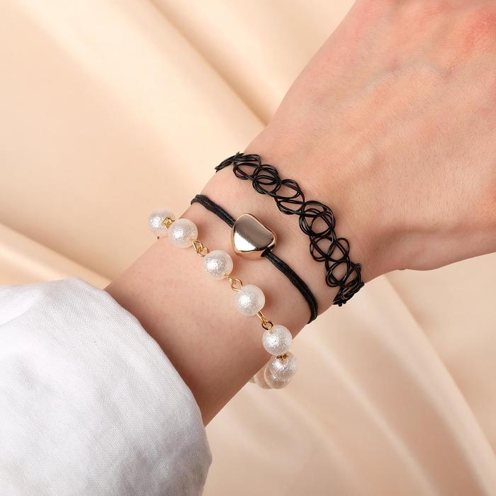 Браслет жемчуг "Романтик" чокерное плетение, набор 3 штуки, цвет бело-чёрный в золоте