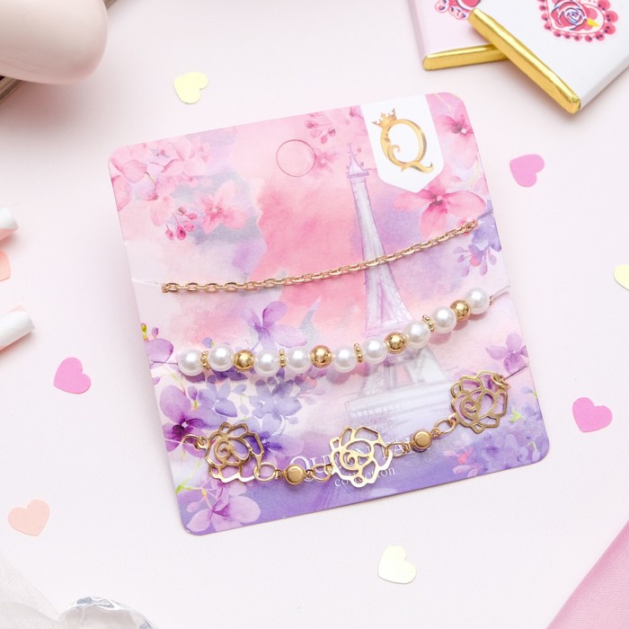 Браслет жемчуг "Романтик" розы, набор 3 штуки, цвет белый в золоте