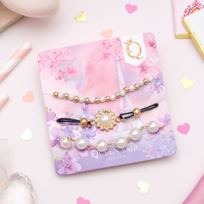 Браслет жемчуг "Романтик" бусины, набор 3 штуки, цвет бело-чёрный в золоте