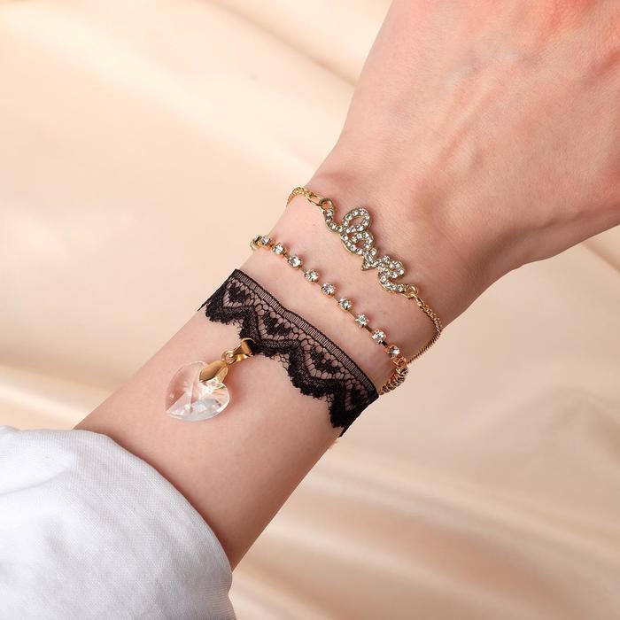Браслет со стразами "Романтик" кружево, набор 3 штуки, цвет бело-чёрный в золоте