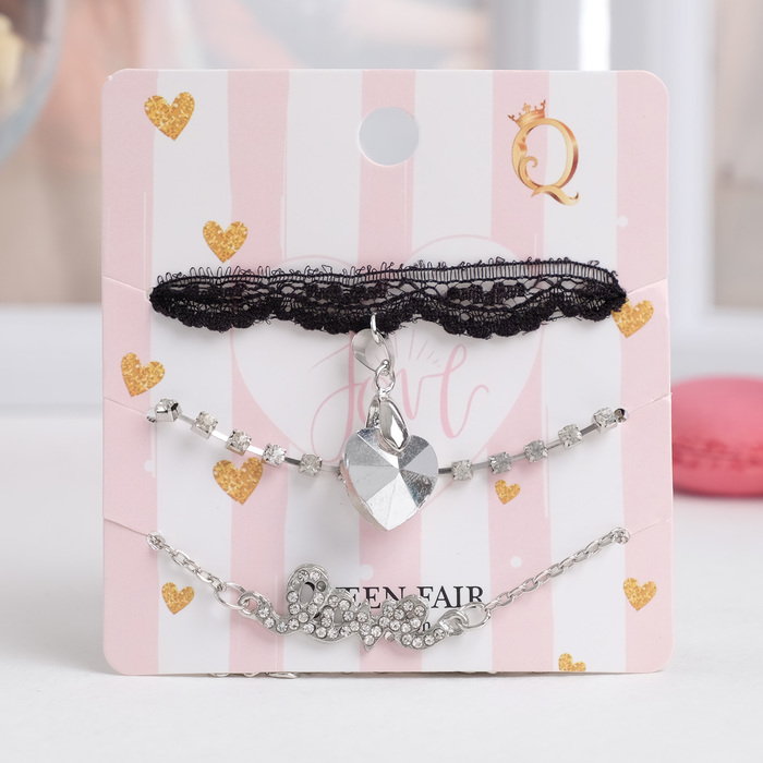 Браслет со стразами "Романтик" кружево, набор 3 штуки, цвет бело-чёрный в серебре