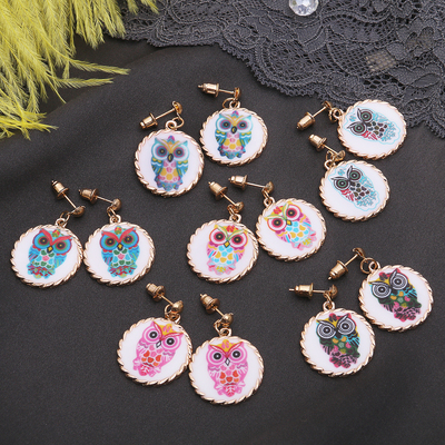 Серьги эмаль "Мульти" сова в круге, цвет МИКС