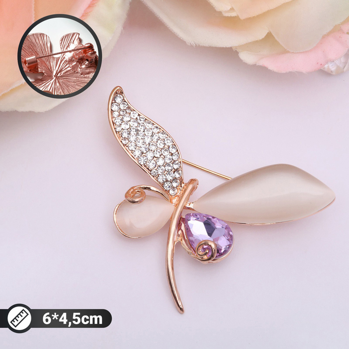 Брошь "Стрекоза большая", разноцветная в розовом золоте
