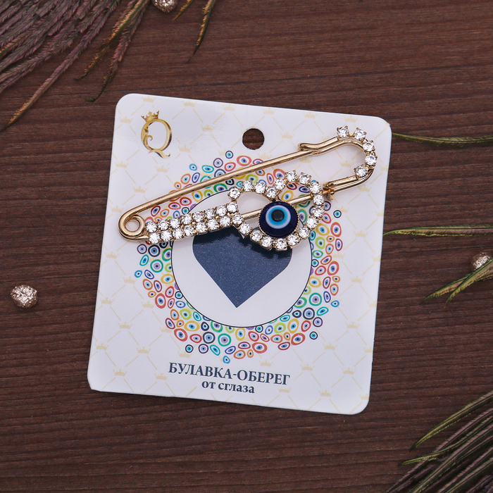 Булавка "Оберег" сердце, цвет бело-синий в золоте