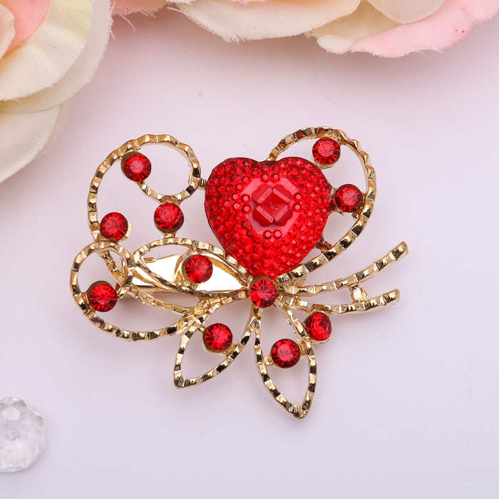 Брошь "Сердце цветущее", цвет красный в золоте