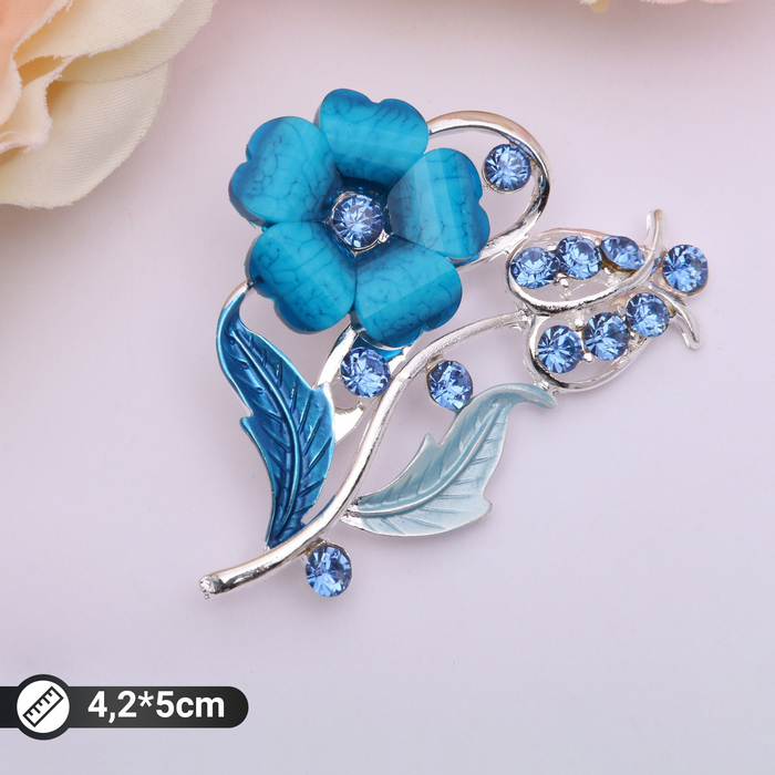 Брошь "Цветение", цвет морской в серебре