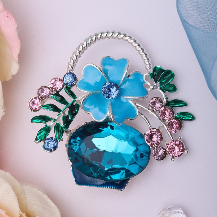 Брошь "Цветочная корзинка", цвет синий в серебре