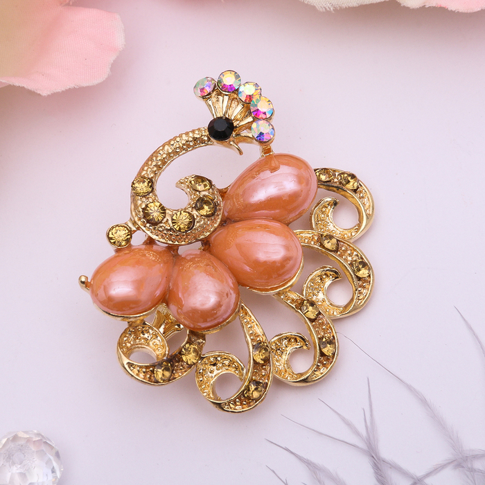 Брошь "Павлин" с радужным хвостом, цвет персиковый в золоте